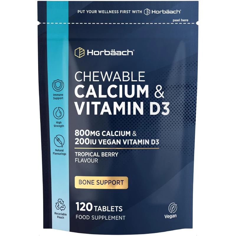 Chewable Calcium and Vitamin D Tablets | 800mg Calcium & 200iu Vitamin D3 | Vegan Supplement | 120 Tablets - Tropical Berry Flavour | by Horbaach