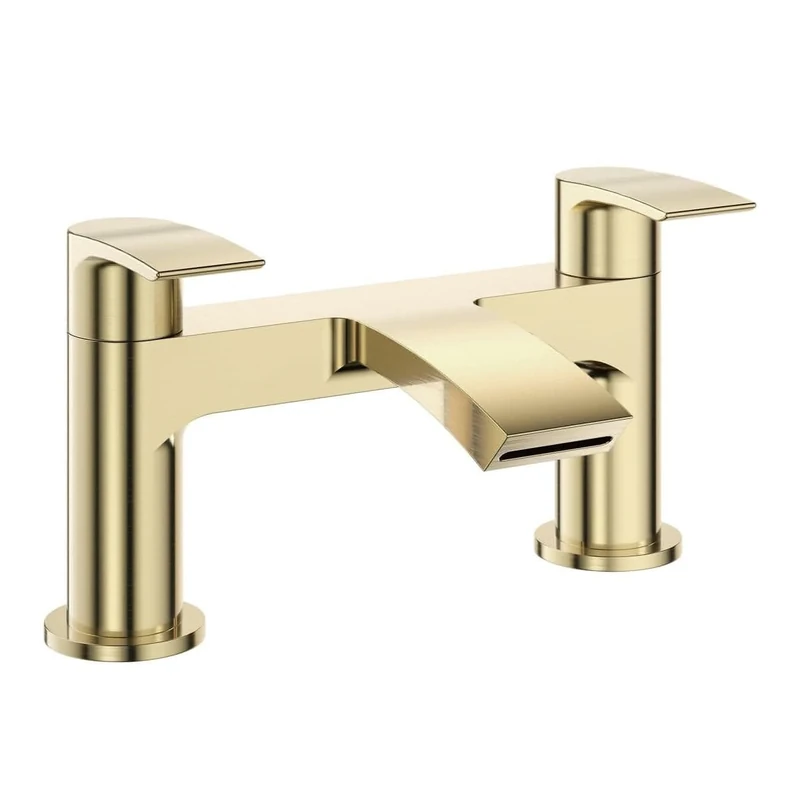 VeeBath Cascade Bath Filler Mixer – Modern Dual Lever Design, Brushed Brass Finish, G3/4" Inlet, Bath Deck Mounted Basin Double Tap Shower, Bathroom Tap Fillers and Mixer Systems