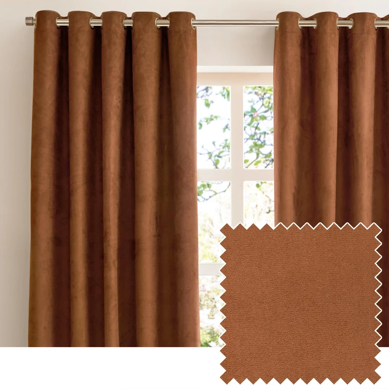 furn. Verso Blackout Eyelet Curtain Pair – Reversible Ring Top Light Blocking Suede Drapes (Cinammon - 117x183cm)