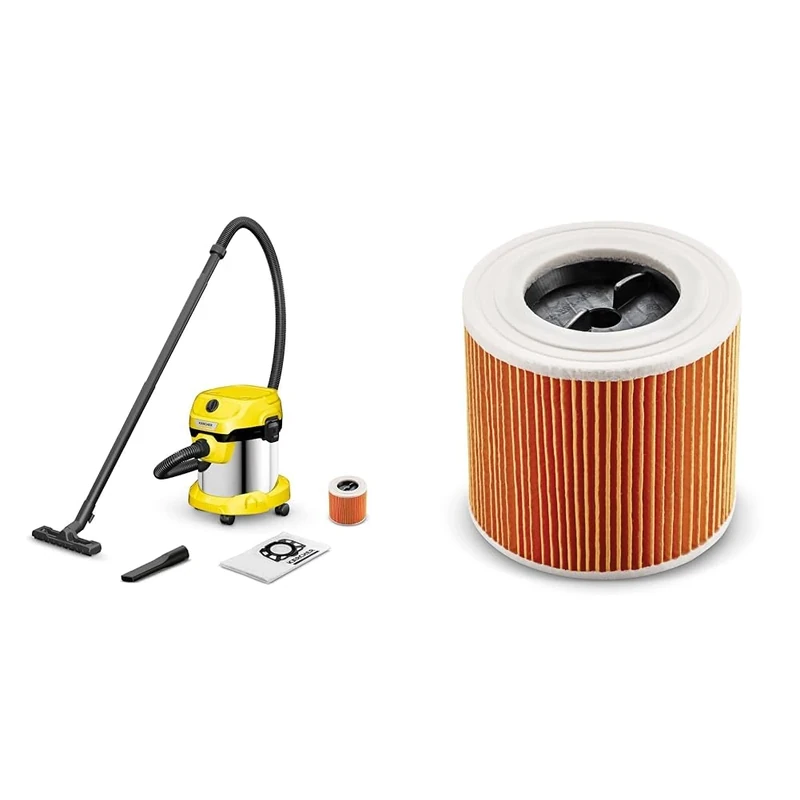 Bundle of Kärcher WD 2 Plus S V-15/4/18/C 1.628-055.0, Wet & Dry Vacuum, Black, 1000 W, 15 liters, 74 Decibeles + Kärcher Original Cartridge Filter KFI 3310: 1 piece, custom-fit