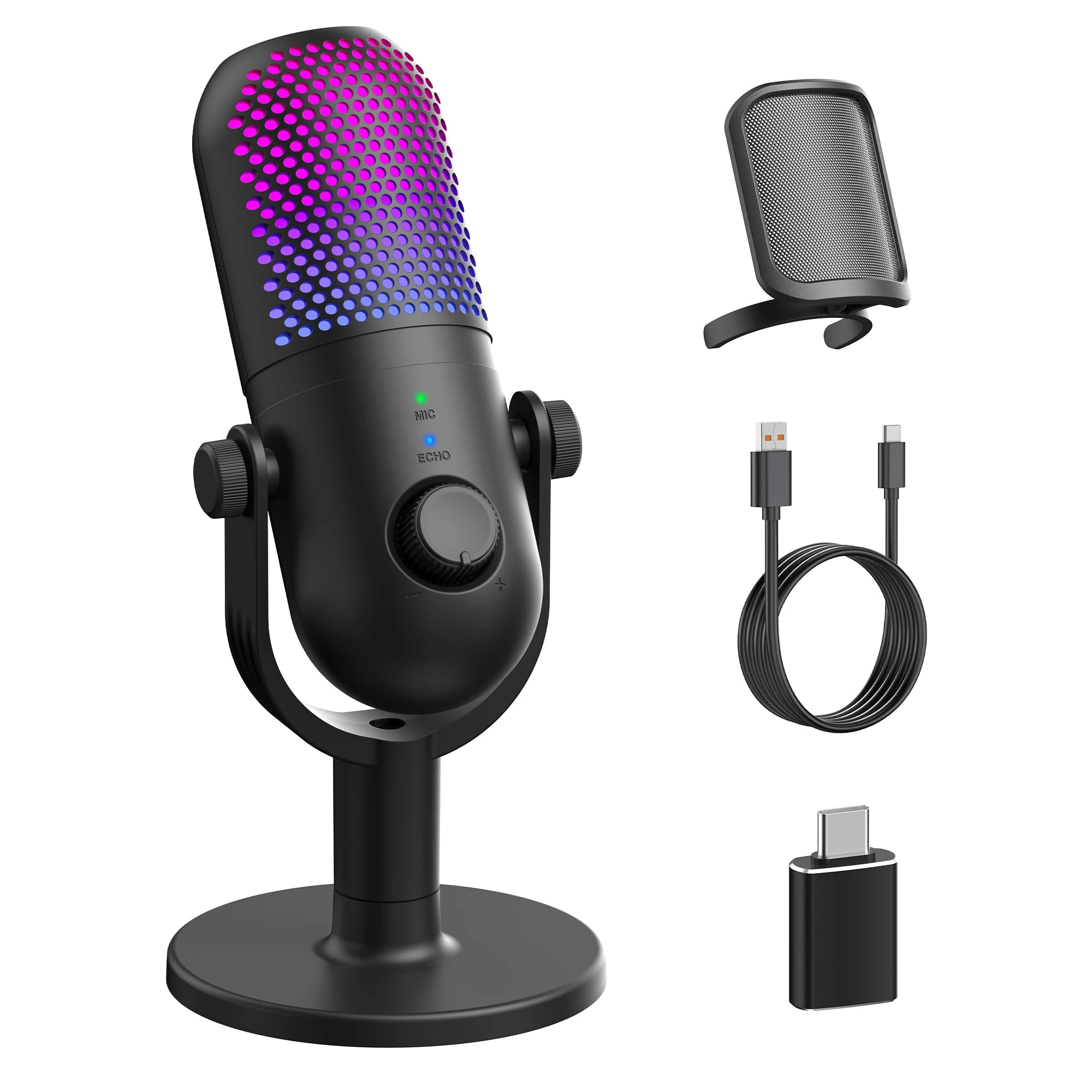 USB Microphone for PC Gaming: Condenser Microphone RGB with Stand Mic - Recording Mic for Computer & Laptop with Quick Mute - Desk Podcast Mic for Podcast & Singing & Streaming & Youtube Black