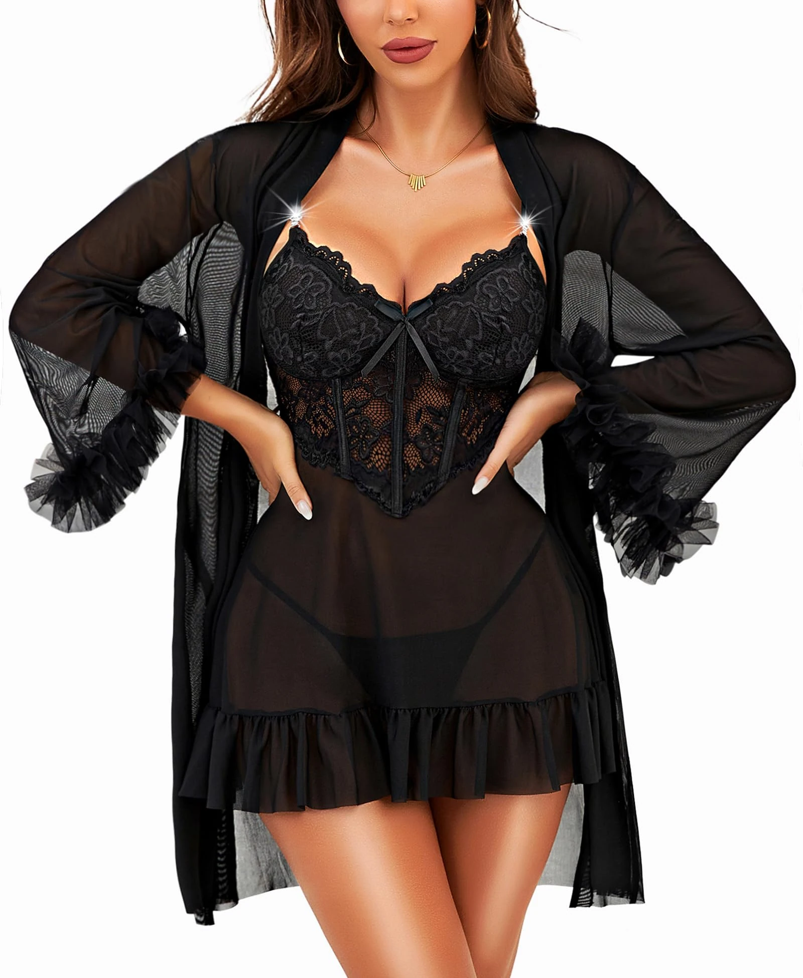 RSLOVE Women Sexy Lingerie Sets - Lace Nightwear Babydoll with Mesh Robe 2 Piece Set Without Thong Black L