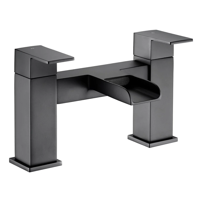 VeeBath Kinetic Square Waterfall Bath Filler Mixer Tap – Modern Dual Lever Design with Matt Black Finish, G3/4" BSP Inlet, Deck Mounted Square Bathroom Taps