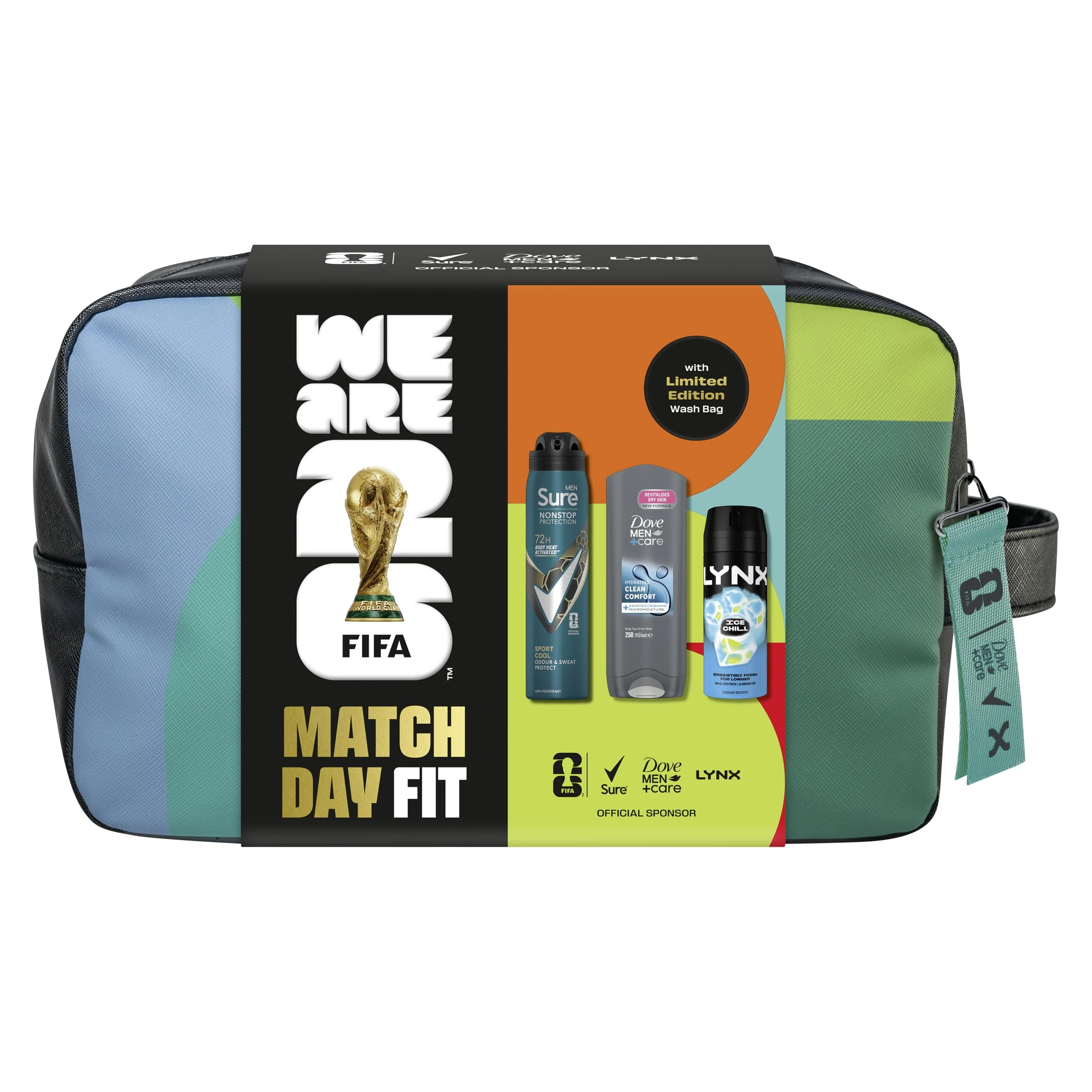 Dove, Lynx, Sure Gift Set Washbag for Him with an advanced anti-perspirant, body wash, body spray & limited edition wash bag Match Day Fit for him 3 piece