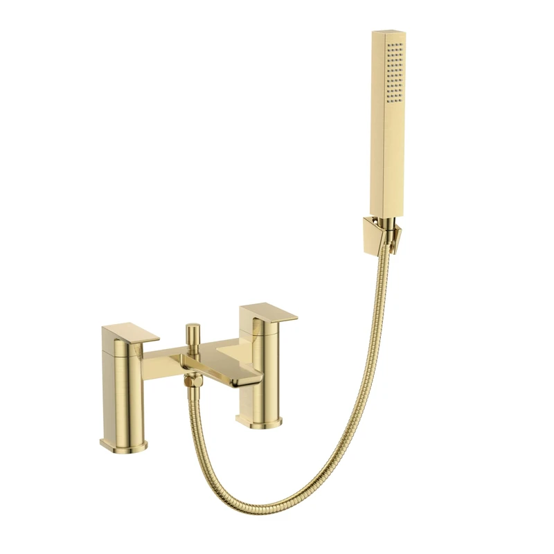 VeeBath Lagoon Soft Square Bath Shower Mixer – Brushed Brass Finish with Square Showerhead, Dual Lever Control, G3/4" BSP Inlet, Deck Mounted Bathroom Taps with Shower