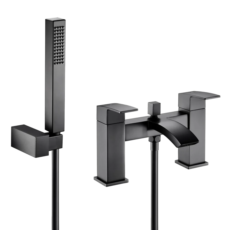 VeeBath Tidal Square Bath Shower Mixer Tap with Kit – Matt Black Finish, Dual Lever, Modern Bath Tap with Square Showerhead, Deck Mounted, Contemporary Design for Bathroom Taps