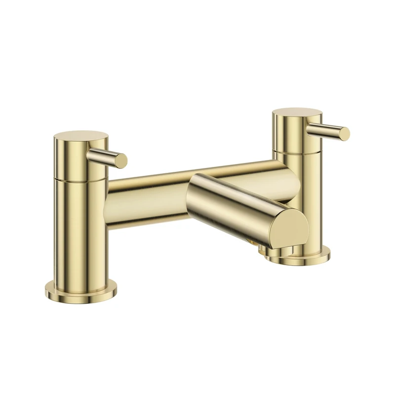 VeeBath Delta Bath Filler – Brushed Brass Finish, G3/4" Inlet, Dual Lever, Deck Mounted Bath Mixer Taps with Shower, Round Edge Double Bathroom Tap Modern Shower Mixer
