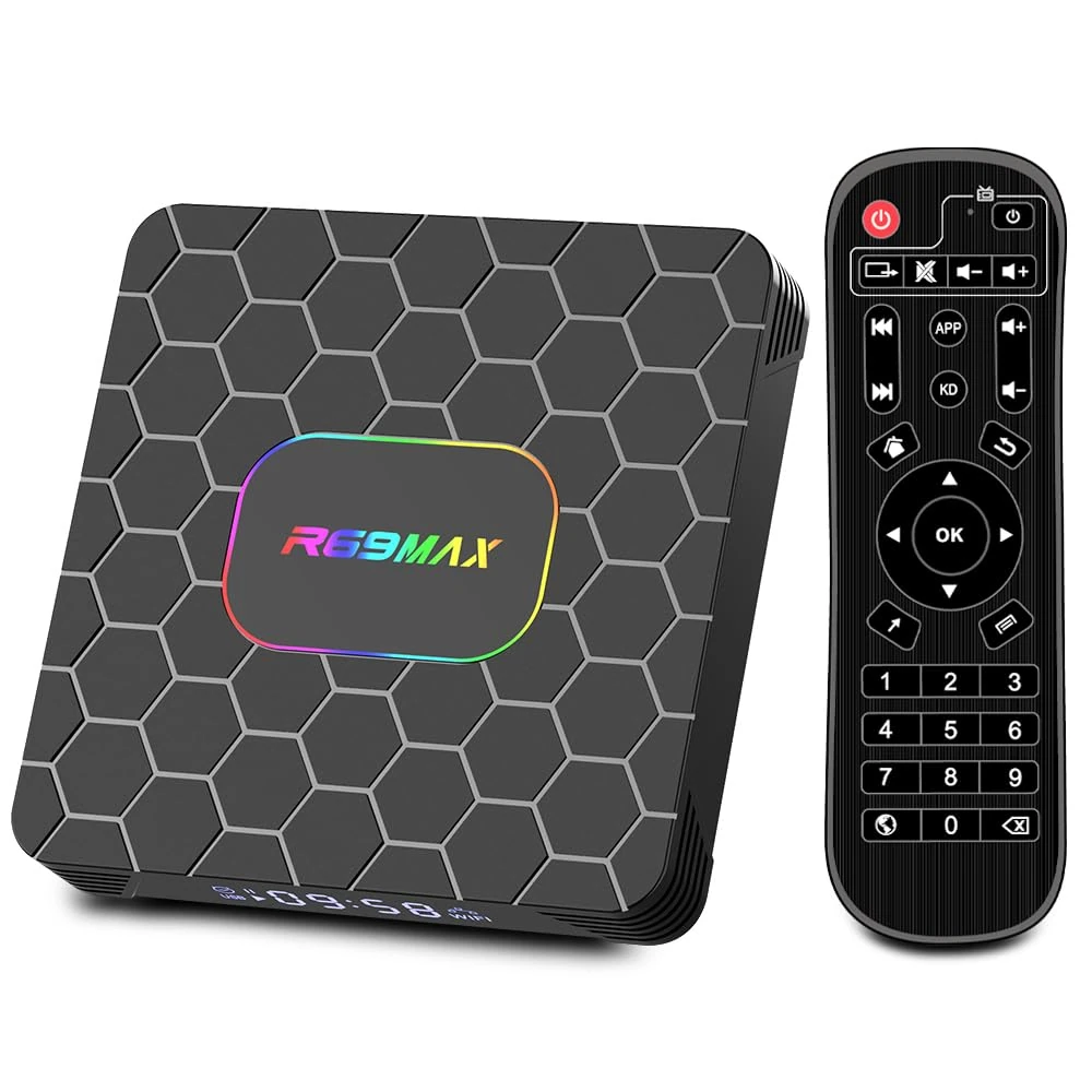Android 14.0 tv box,R69MAX Smart tv box with 4GB RAM 32GB ROM RK3528 Quad Core ARM Cortex A53 Mali-450 GPU Support 8K 3D 1080P 2.4/5.0GHz WIFI BT5.0 10/100M Ethernet DLNA HDMI2.0 USB3.0 H.265