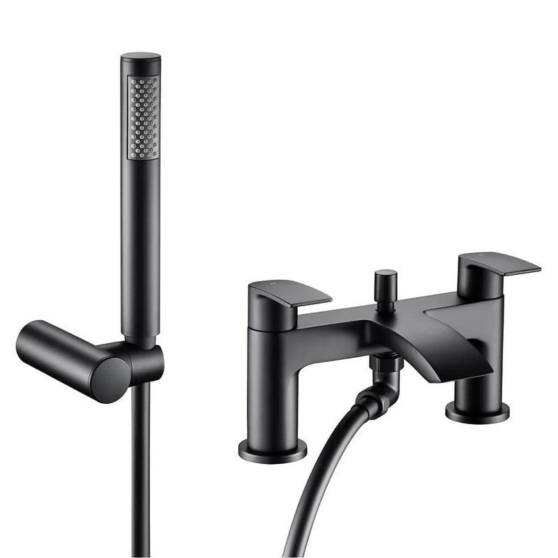 VeeBath Cascade Bath Shower Mixer – Matt Black Finish, G3/4" Inlet, Dual Lever, Deck Mounted Bath Mixer Taps with Round Shower Head, Double Round Edge Modern Bathroom Tap