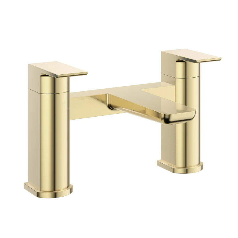 VeeBath Lagoon Soft Square Bath Filler Mixer – Modern Brushed Brass Finish, Dual Lever Control, G3/4" BSP Inlet, Deck Mounted Square Bathroom Taps Pair, Bath and Basin Taps