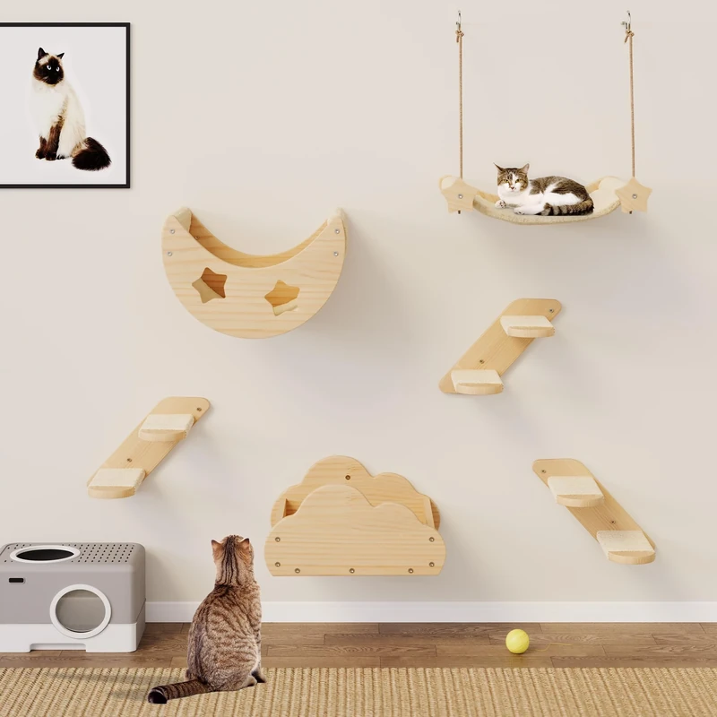 YITAHOME Cat Climbing Wall Set Made of Solid Wood, 6 Pcs Sturdy Furniture with 3 Stair Climbers, 2 Beds, and 1 Flannel Hammock for Sleeping, Playing, and Lounging