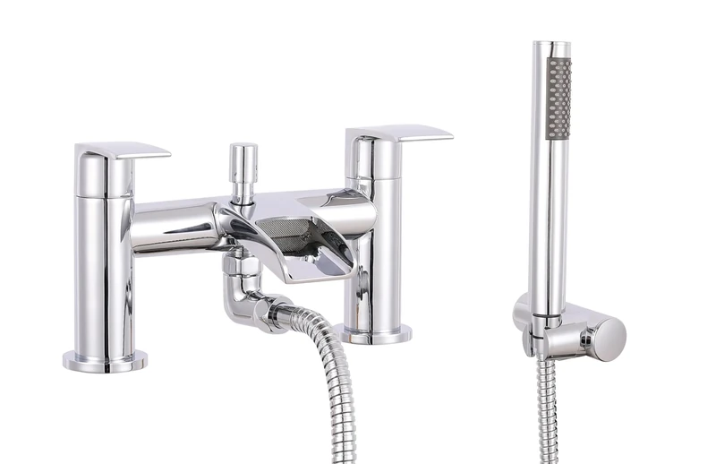 VeeBath Stream Round Waterfall Bath Shower Mixer Tap – Chrome Finish Double Lever, Deck Mounted Bathroom Tap, Includes Round Showerhead & Kit, Modern Bath Mixer Tap with G3/4" BSP Inlet
