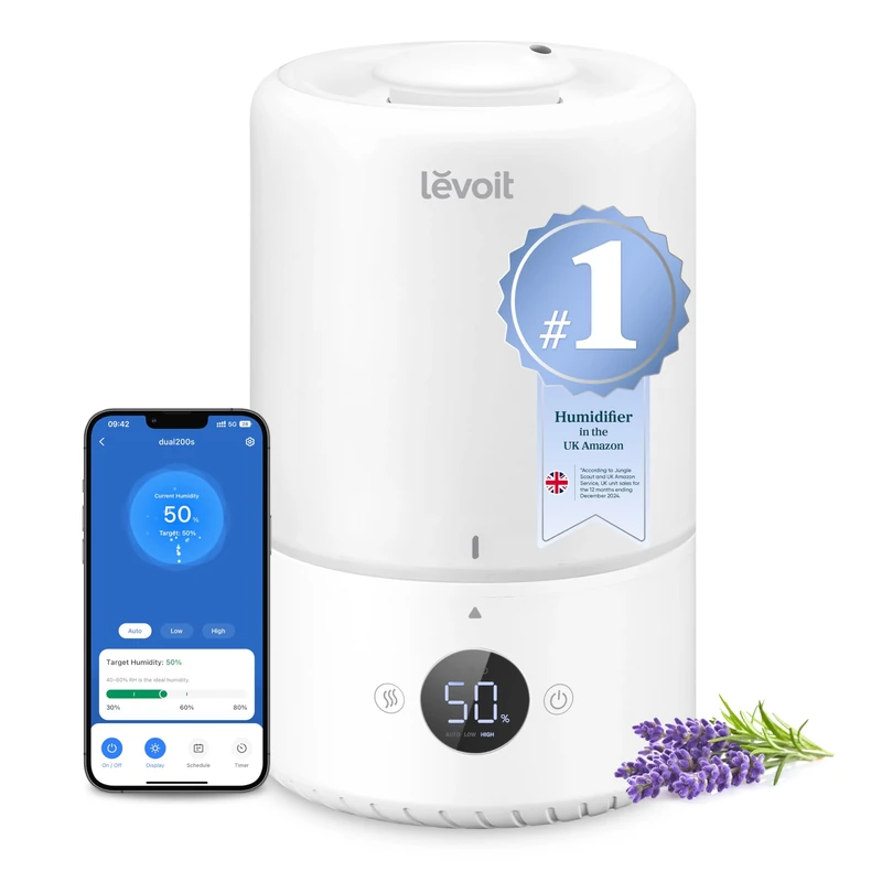 LEVOIT Smart Cool Mist Top Fill Humidifiers for Bedroom with Sensor, Auto Humidity Setting, APP & Voice Control, Essential Oil Diffuser, 19dB Ultra Quiet Operation, Super Easy Top Fill, 3L, White