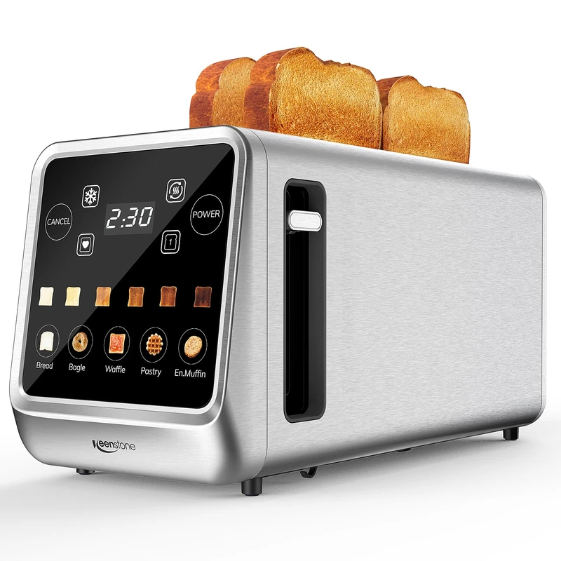 Keenstone Smart Toaster 4 Slice, Digital Toaster with TouchScreen, Dual Control Panel, Single Slot Toasting, Timer, Reheat & Defrost for Bagels, Bread, Waffles, Stainless Steel