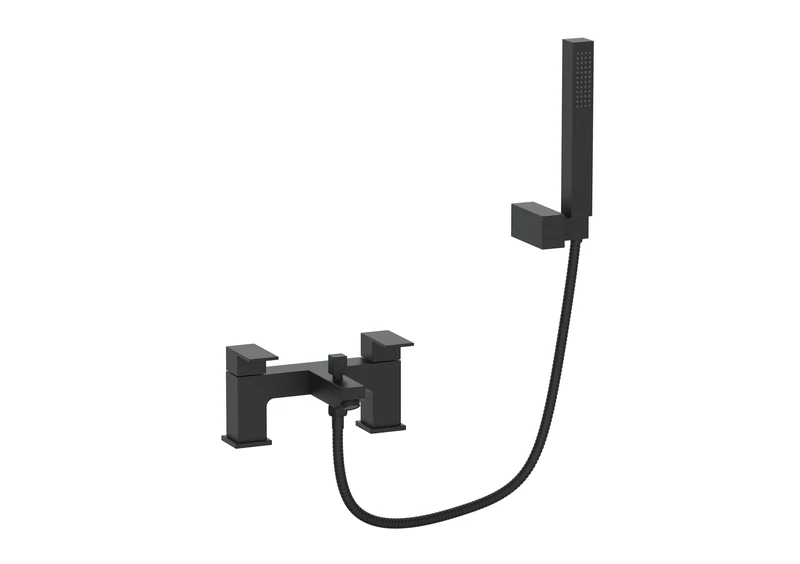 VeeBath Mist Bath Shower Mixer – Matt Black Finish with Square Showerhead, Dual Lever Control, G3/4" BSP Inlet, Deck Mounted Square Bathroom Taps Pair, Mixer Tap Shower Attachment