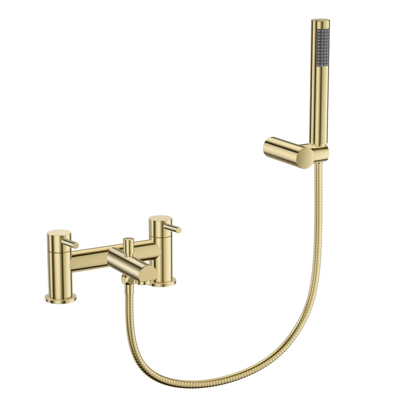VeeBath Delta Bath Shower Mixer – Brushed Brass Finish, G3/4" Inlet, Dual Lever Deck Mounted with Round Shower Head, Bathroom Taps Basin Pair, Double Tap Shower Attachment