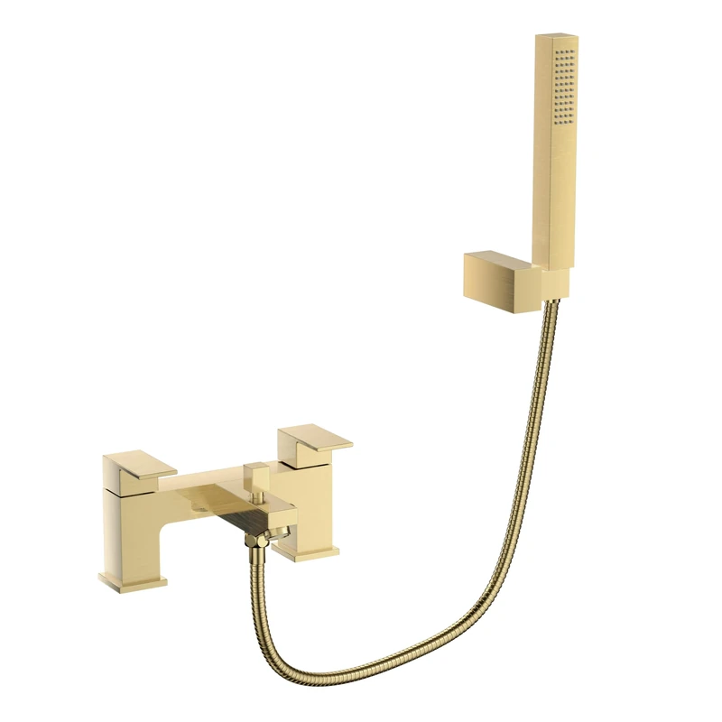 VeeBath Mist Bath Shower Mixer – Brushed Brass Finish with Square Showerhead, Dual Lever Control, G3/4" BSP Inlet, Deck Mounted Square Bathroom Taps Pair, Mixer Tap Shower Attachment