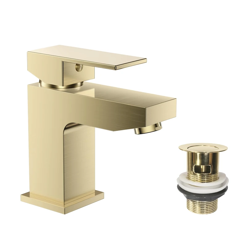 VeeBath Mist Mono Basin Mixer Tap with Waste – Modern Brushed Brass Finish, Single Lever Control, G1/2" BSP Inlet, Deck Mounted Square Bathroom Taps, Sink Mixer Tap for Bathroom