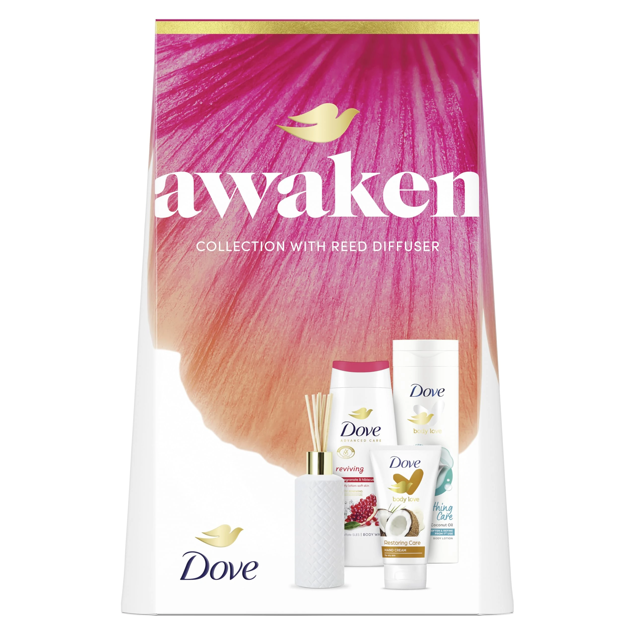 Dove Awaken Collection Gift Set with a body wash, a body lotion, a hand cream and a Reed Diffuser perfect gifts for her 3 piece