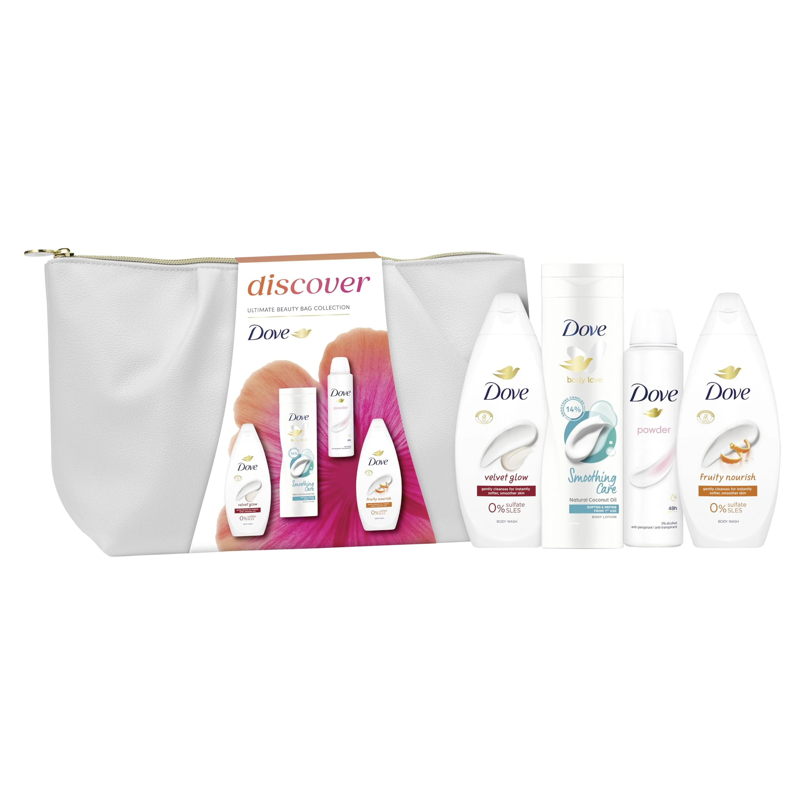 Dove Gift Set Discover Ultimate Beauty Bag Collection with two body washes, a body lotion, an anti-perspirant and a Beauty Bag perfect gifts for her 4 piece