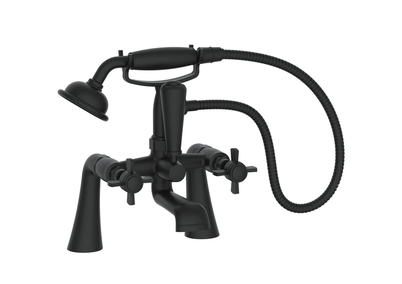VeeBath Ripple Traditional Telephone Bath Shower Mixer Tap with Kit – Matt Black Finish, Dual Lever Control, G3/4" Inlet, Bath Sink Tap with Shower Attachment, Victorian Style Bathroom Tap