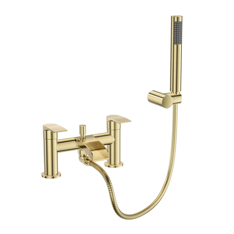 VeeBath Stream Round Waterfall Bath Shower Mixer Tap – Brushed Brass Finish Double Lever, Deck Mounted Bathroom Tap, Includes Round Showerhead & Kit, Modern Bath Mixer Tap with G3/4" BSP Inlet