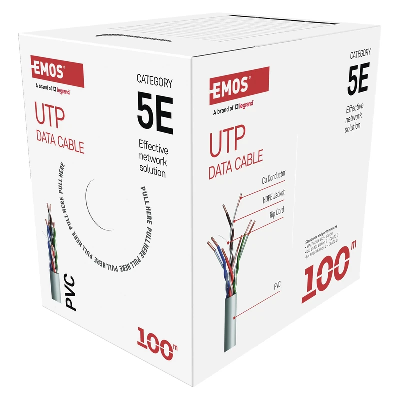 EMOS - UTP network cable CAT 5e, 100m, PVC - CAT5e patch cable UTP - copper wire - Gigabit LAN cable - unshielded Ethernet cable - for indoor use