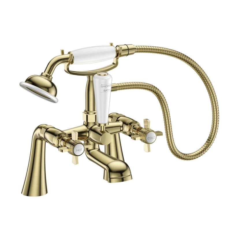 VeeBath Ripple Traditional Telephone Bath Shower Mixer Tap with Kit – Brushed Brass Finish, Dual Lever Control, G3/4" Inlet, Bath Sink Tap with Shower Attachment, Victorian Style Bathroom Tap