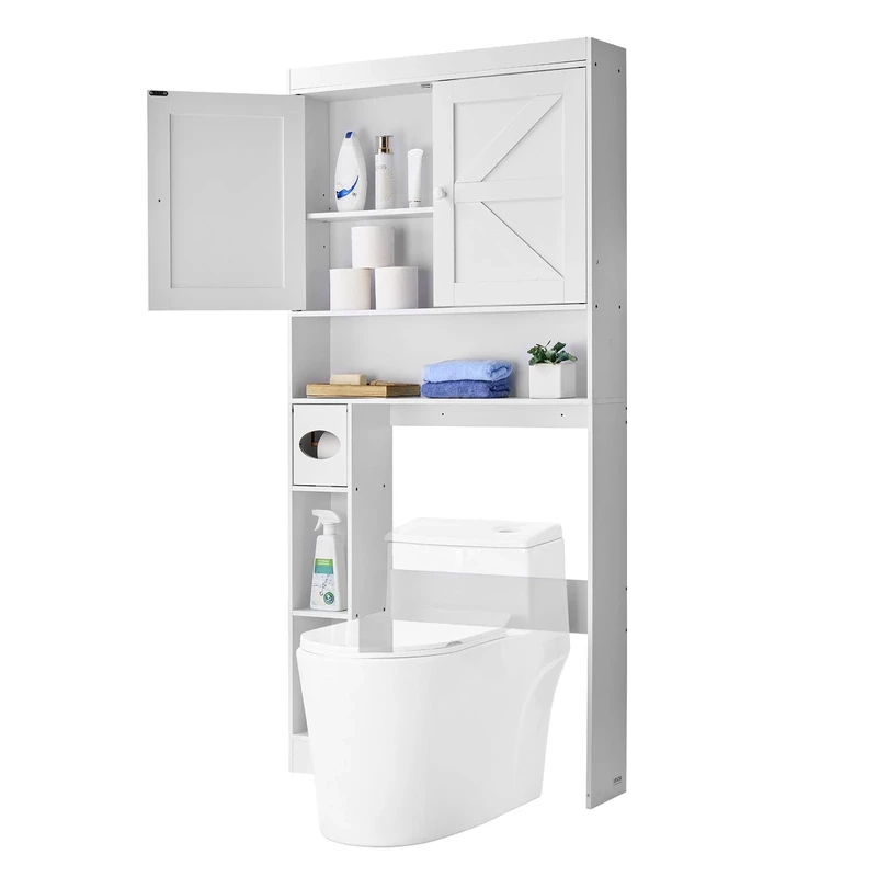 VEVOR Over The Toilet Storage Cabinet, 67.44 in Height Bathroom Storage Organizer with Double Door and Adjustable Shelf, Bathroom Space Saver Organizer Above Toilet with Open Shelf, White