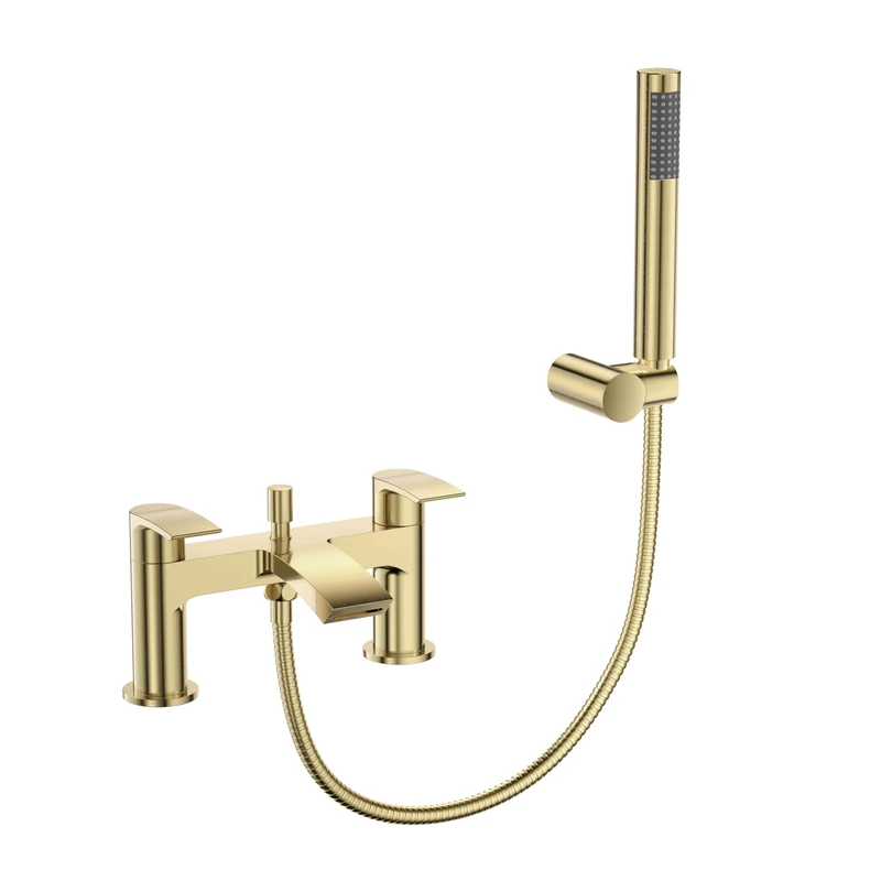 VeeBath Cascade Bath Shower Mixer – Brushed Brass Finish, G3/4" Inlet, Dual Lever, Deck Mounted Bath Mixer Taps with Round Shower Head, Double Round Edge Modern Bathroom Tap