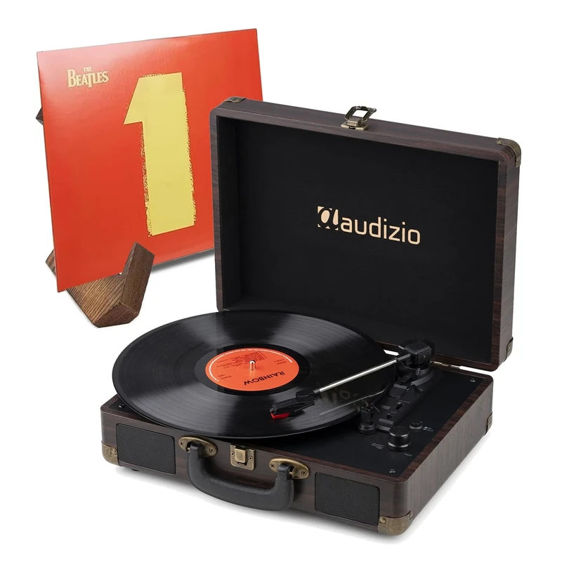 Audizio RP116DW Dark Wood Briefcase Bluetooth Record Player with Built-in Stereo Speakers & Retro Wooden Vinyl Display Stand - USB MP3 Encoding, RCA Output & AUX Input