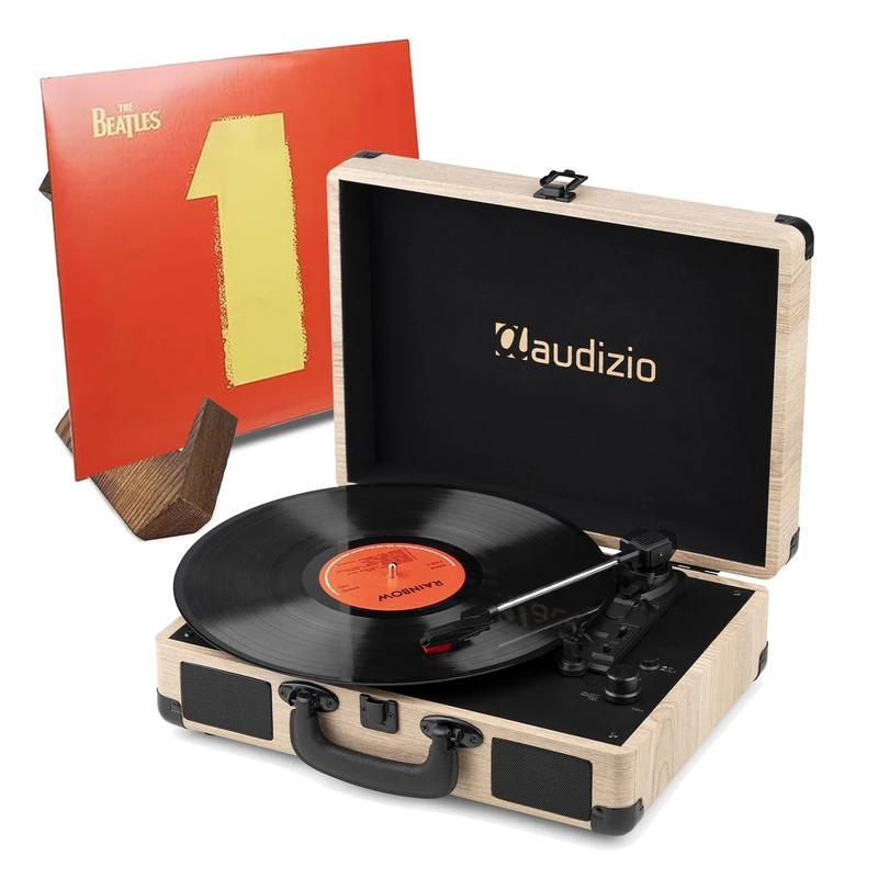 Audizio RP116LW Briefcase Suitcase Record Player with Bluetooth 5.0 In/Out, Built-In Stereo Speakers, Retro Vinyl Turntable & Wooden Display Stand - Light Wood Finish