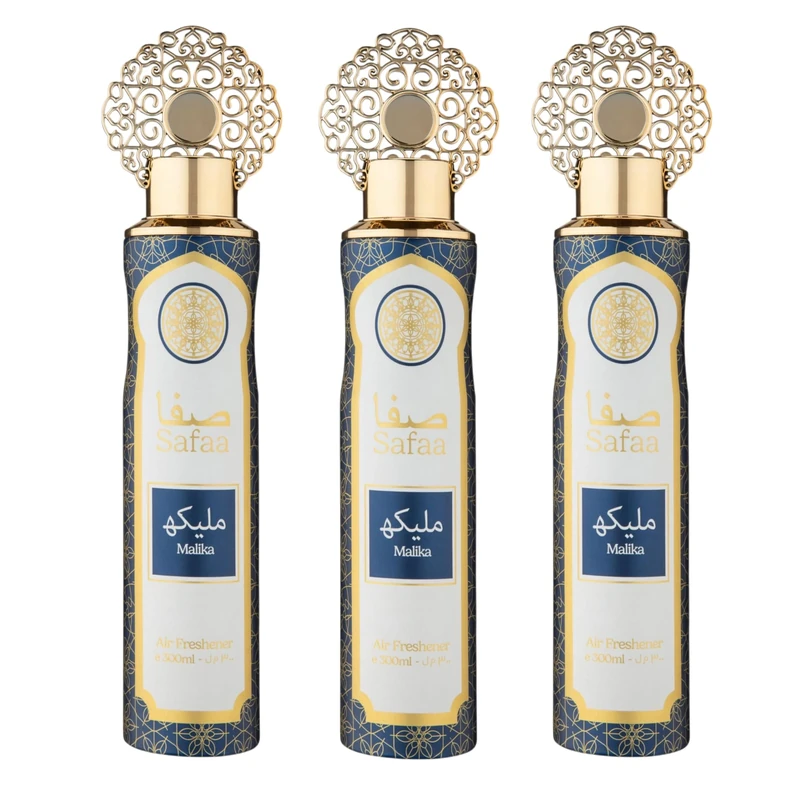 Designer Fragrances Safaa Malika 3 Pack Bundle - Luxury Air Freshener Cans - For Home & Vehicles – Natural Oils, Lasting Smell Spray – Deodorise & Neutralise Odours – 300ml