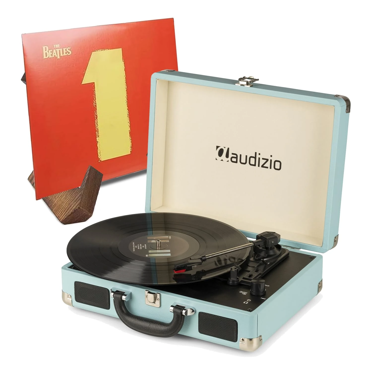 Audizio RP114BL Blue Briefcase Record Player with Built-In Stereo Speakers & Retro Vinyl Record Display Stand - Portable Vintage Turntable, USB MP3 Encoding, RCA Output, 3-Speed Playback