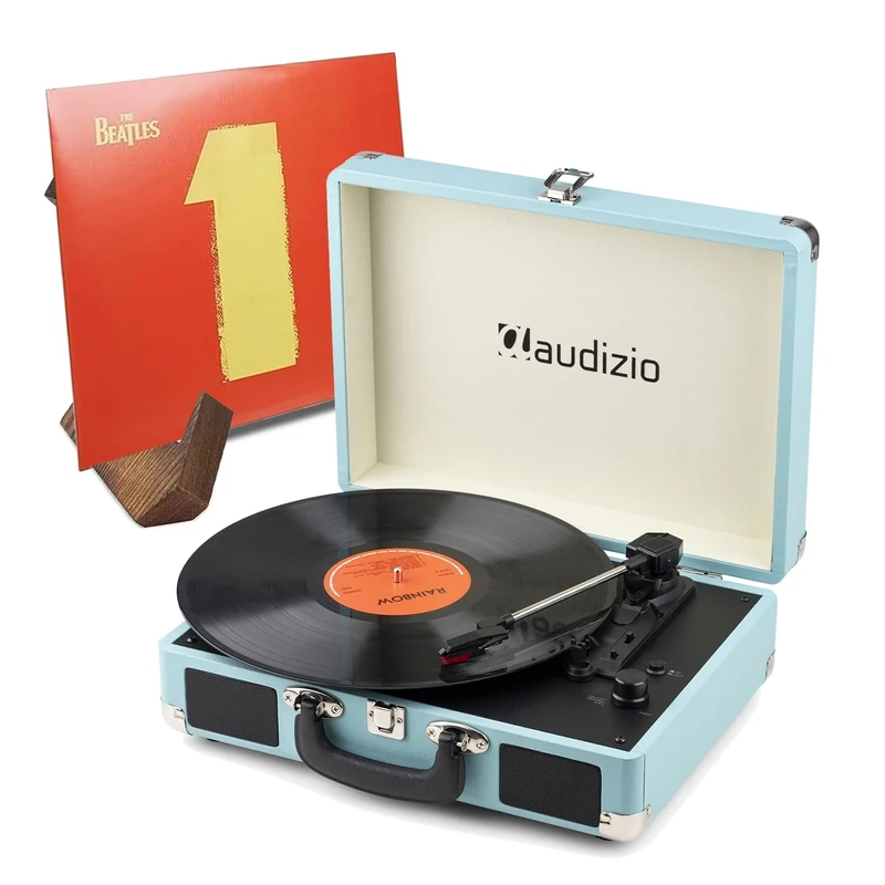 Audizio Blue Suitcase Record Player with Built-in Speakers, Bluetooth Input & Output and Retro Wooden Vinyl Display Stand - USB MP3 Encoding