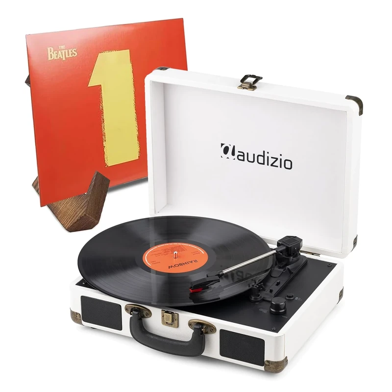 Audizio RP116CR Cream Suitcase Record Player with Bluetooth In/Out, Built-in Speakers & Retro Wooden Vinyl Display Stand – Compact Portable Vinyl Turntable Bundle