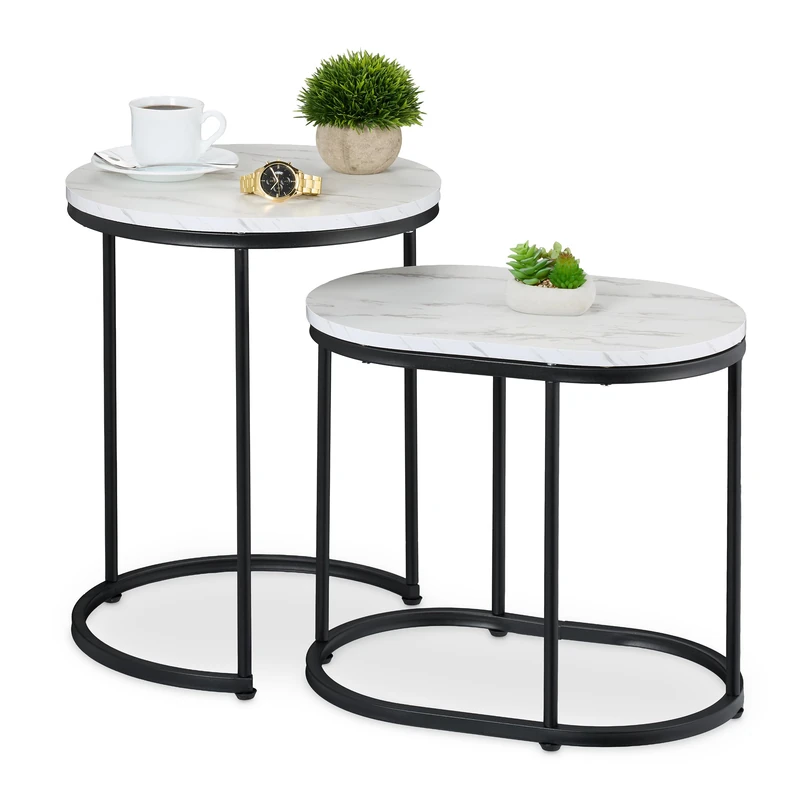 Relaxdays Nesting Tables, 2-Piece Set, 2 Sizes, Marble Effect, Metal Legs, Round & Oval, Living Room, Sofa, White/Black
