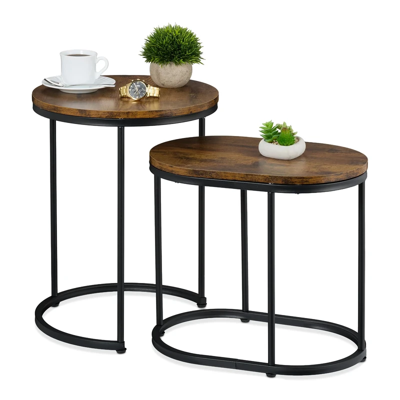 Relaxdays Nesting Tables, 2-Piece Set, 2 Sizes, Wood Effect, Metal Legs, Round & Oval, Industrial, for Sofa, Brown/Black, 40% Fibreboard