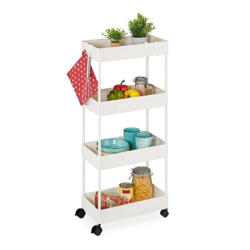 Relaxdays Rolling Cart, 4 Tiers, HxWxD: 93 x 40 x 22 cm, 4 Wheels, Bathroom & Kitchen, Slim Storage Trolley, White, 20% Stainless steel