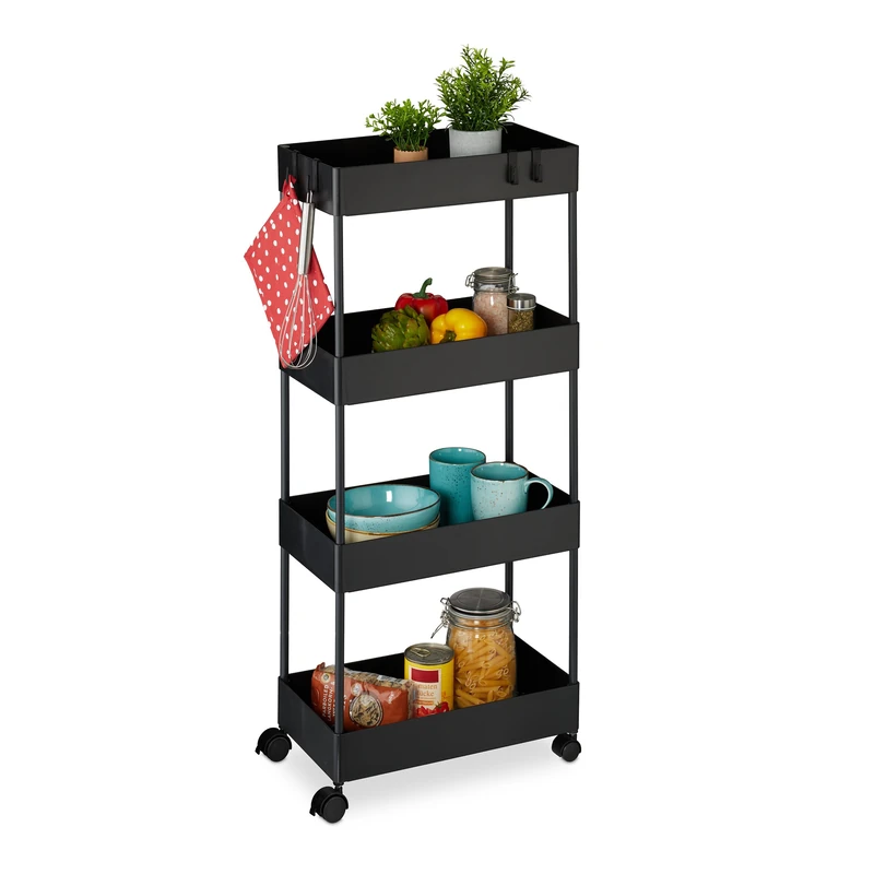 Relaxdays Rolling Cart, 4 Tiers, HxWxD: 93 x 40 x 22 cm, 4 Wheels, Bathroom & Kitchen, Slim Storage Trolley, Black, 80% Plastic
