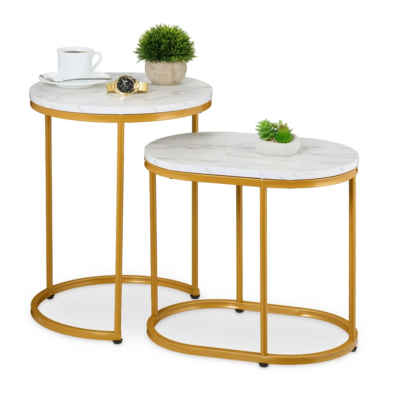 Relaxdays Nesting Tables, 2-Piece Set, 2 Sizes, Marble Effect, Metal Legs, Round & Oval, Living Room, Sofa, White/Gold, 50% Iron