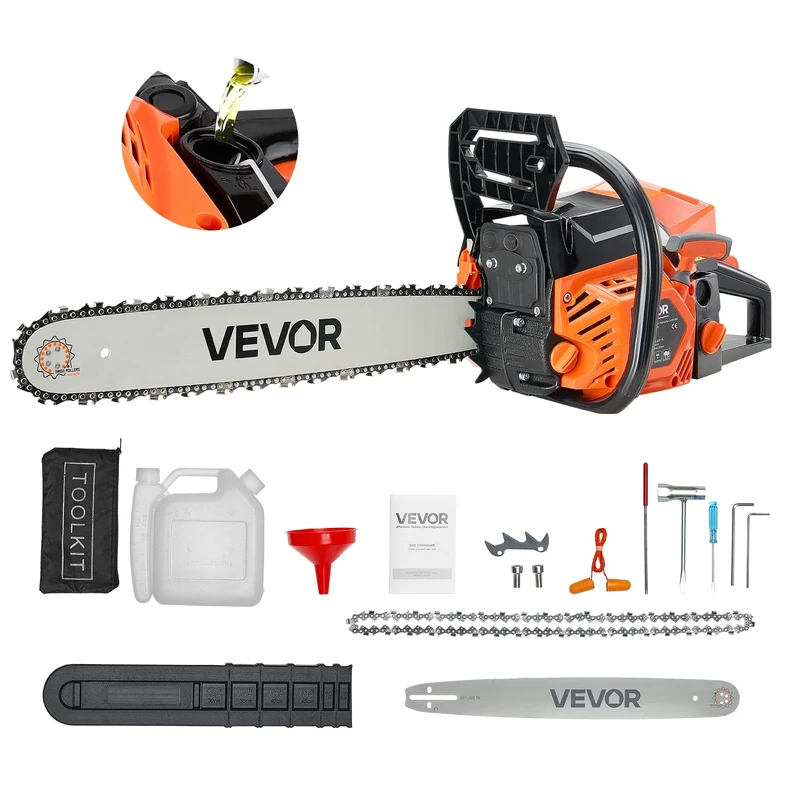 VEVOR 62 cc Gas Chainsaw, 20 inch Gas Powered Chainsaw, 3.6 HP Power Chain Saw with Non-Slip Handle, Gas-Powered Chainsaws with Dual Fuel Tanks, for Wood Cutting, Tree Trimming, and Land Clearing