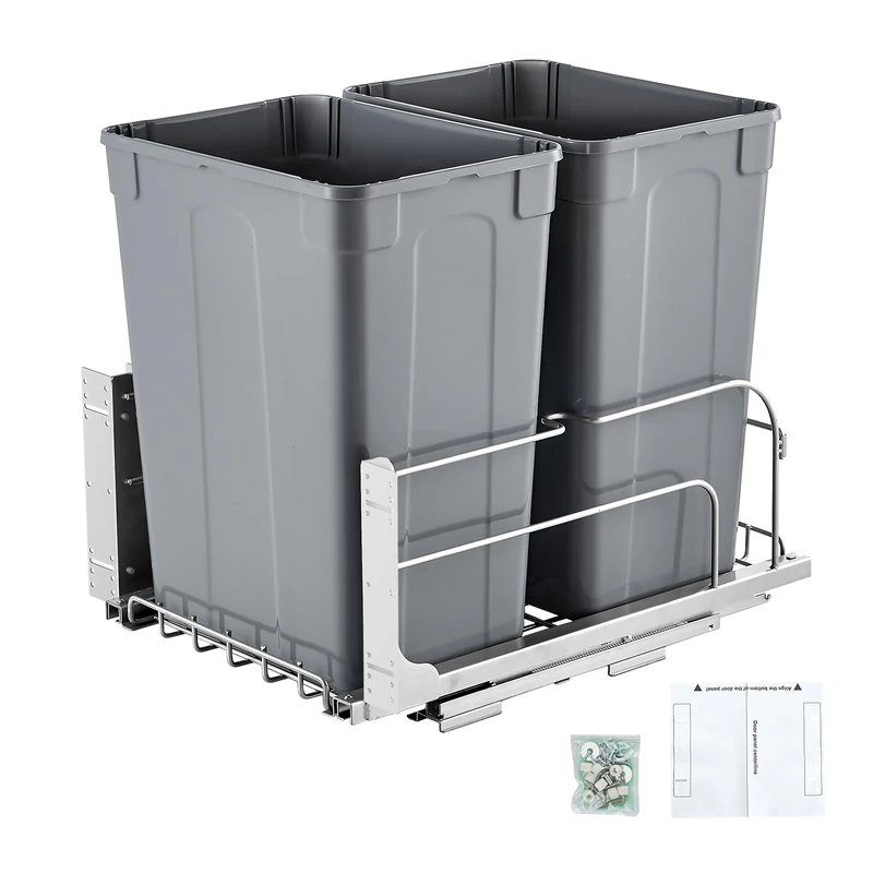 VEVOR Pull-Out Trash Can, 35 QT x2 Double Under Mount Kitchen Waste Container, Heavy Duty Garbage Recycling Bin with Door Kit and Soft Close Slide, for Kitchen Cabinet, Sink, Under Counter (Grey)
