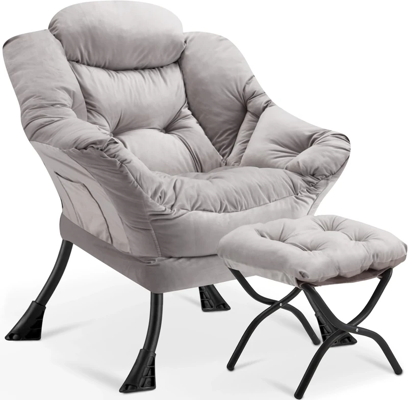 Armchair Living Room Comfy Armchair Reading Chair with Footstool Lazy Accent Chairs Bedroom Cuddle Chairs, for Living Room Bedroom Study Room Office, Light Grey