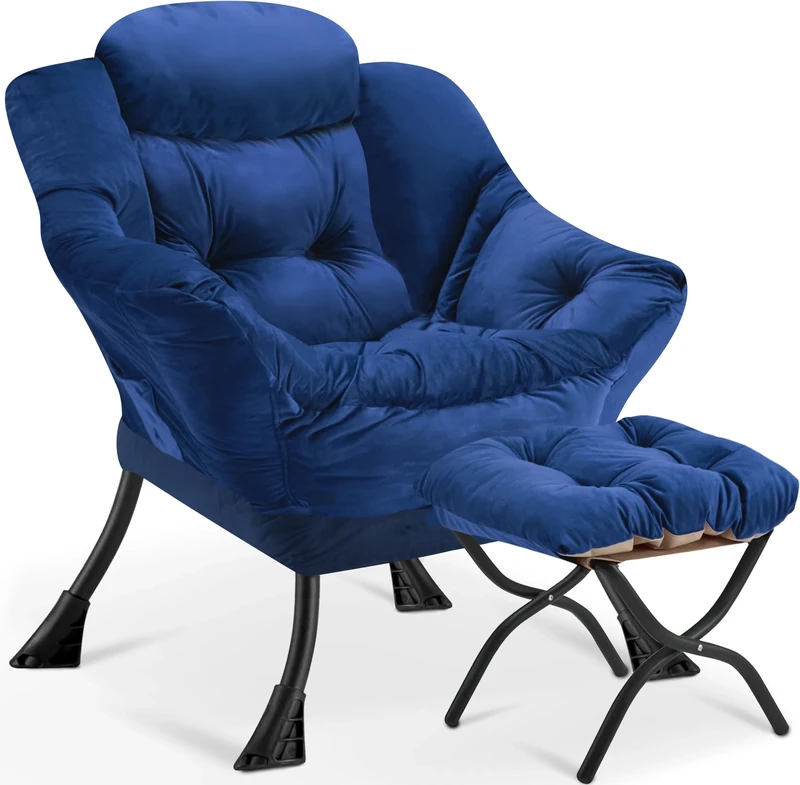 Buymoth Armchair Living Room Comfy Armchair Reading Chair with Footstool Lazy Accent Chairs Bedroom Cuddle Chairs, for Living Room Bedroom Study Room Office, Navy