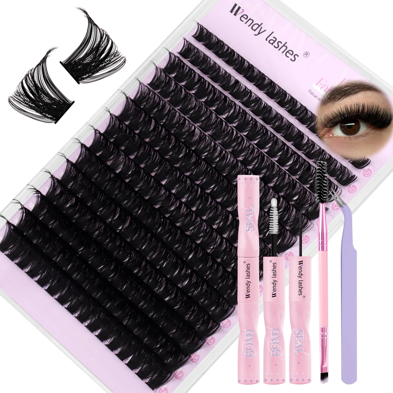 Lash Clusters Kit Natural Eyelashes Individual C-Curl Soft Cluster Lashes 100d 10-18mm Mixed Russian DIY Lash Extension Kit with Lash Bond and Seal(FK/KIT-100d-C-Mix1018)