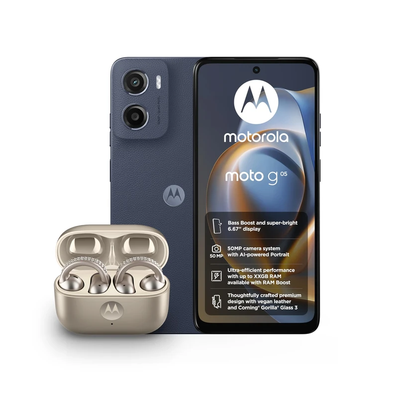 Motorola G05 Denim Blue 4+64 and Moto buds loop w/crystals by Swarovski