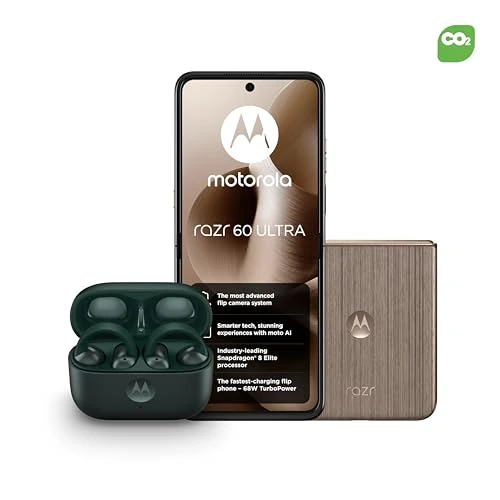 Motorola razr 60 ultra, Pantone Mountain Trail, Moto AI Flip Smartphone, Dual Display, 50MP Triple Camera with Co2 Offset and Moto buds loop - Green