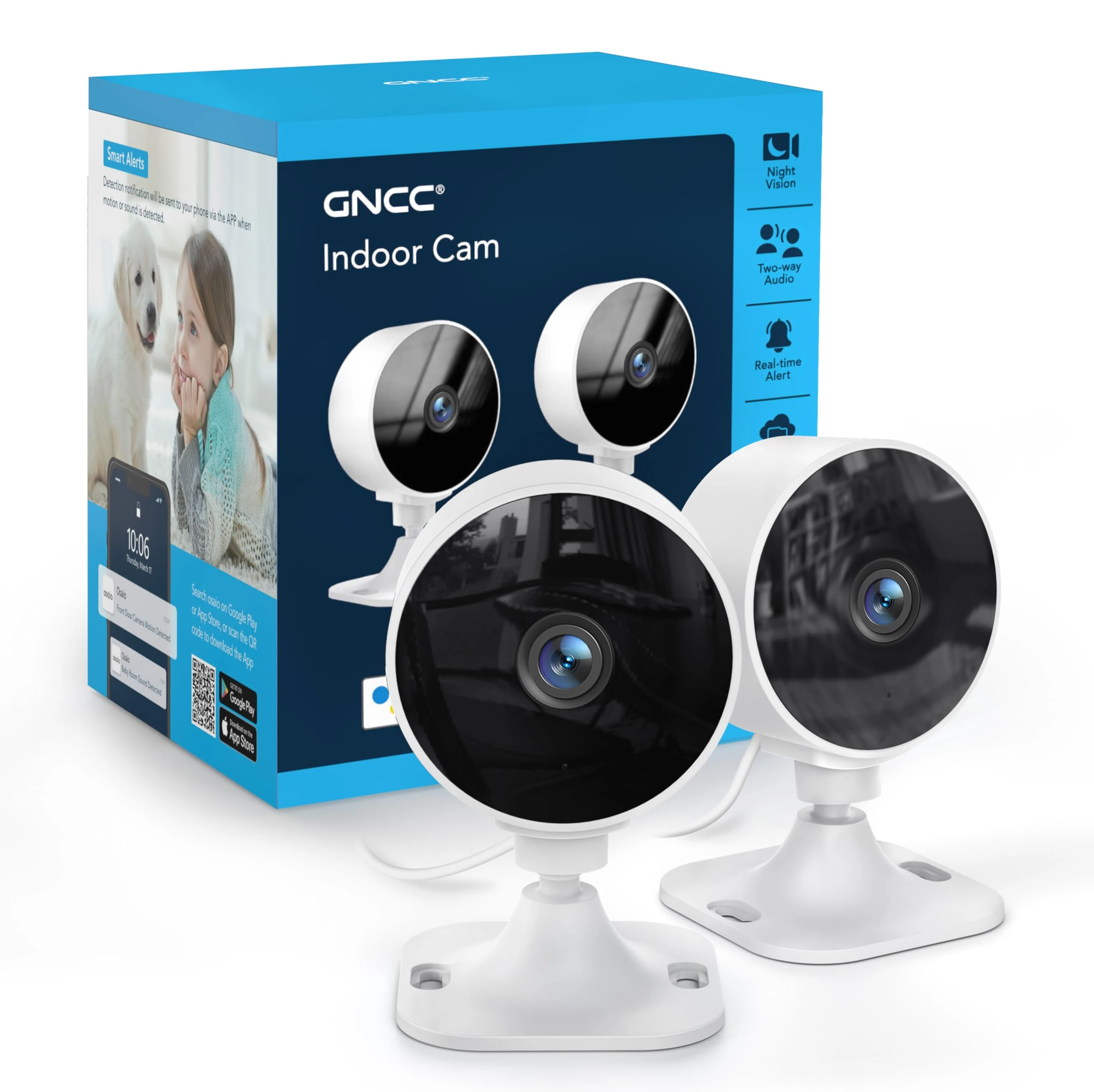 GNCC GC3 2-Pack Indoor Security Camera 1080P, CCTV Cameras for Home/Pet/Baby, Fixed Lens, Night Vision, 2 Way Audio, Motion/Sound Detection, APP Control,Works with Alexa & Google Home, 2.4GHz WiFi