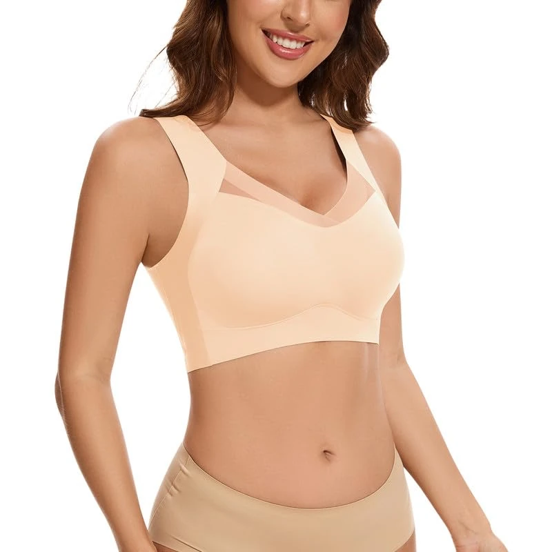 Cavotor Wireless Bras for Women Comfort Support Non Wired Sport Bra for Large Busts Seamless Padded Soft Mesh Bralettes (Smooth Beige,M)